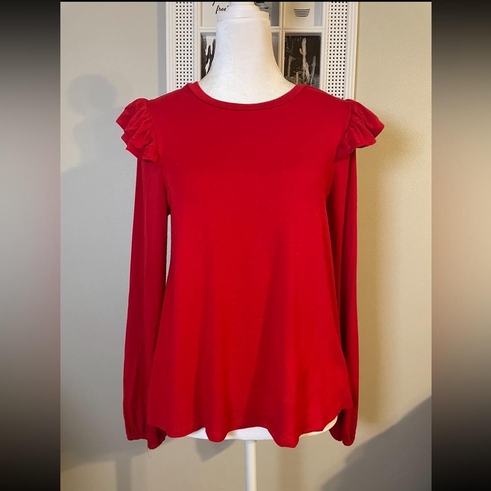 Crown & Ivy Small Ruffle Shoulder Blouse -Red-